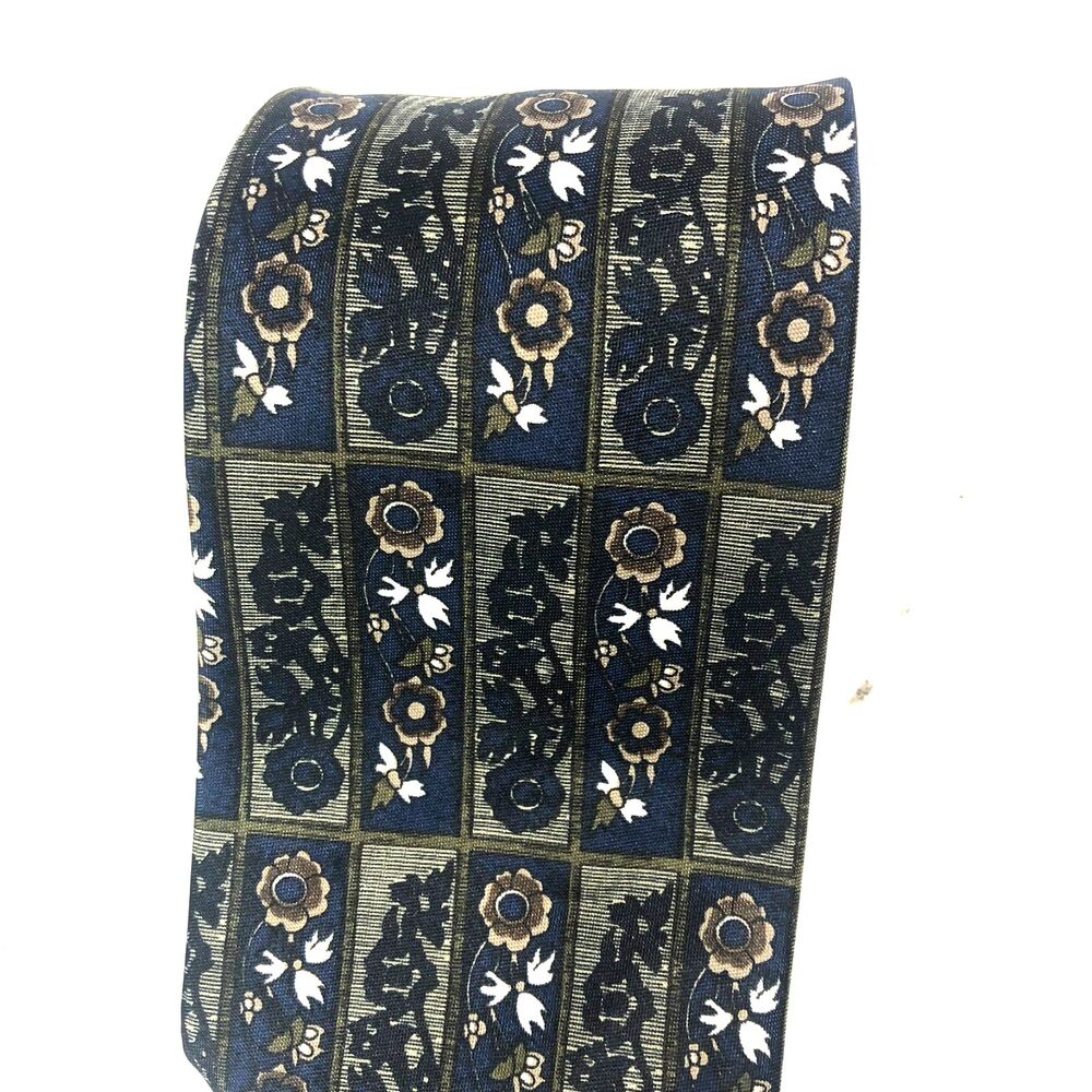 Adolfo Tie PolySilk Blend Navy Blue Floral Geometric Pattern Made in USA Vintage - Picture 2 of 7
